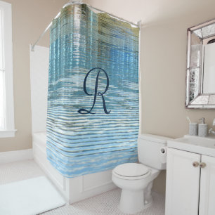 Abstract Water Reflection with Blue Monogram Shower Curtain