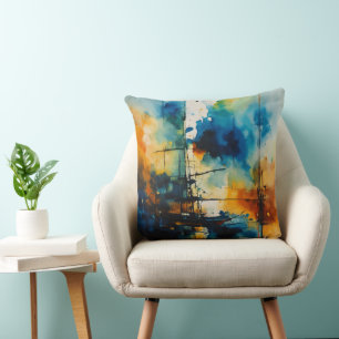 Abstract Watercolor Art Blue & Orange Cushion