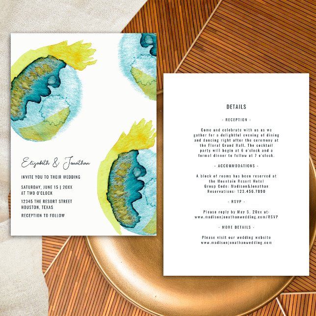 Abstract Watercolor Art Unique All in One Wedding Invitation (Front/Back)