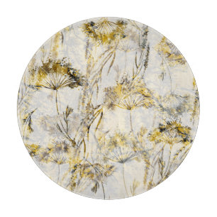 Abstract watercolor background: dandelion, juniper cutting board