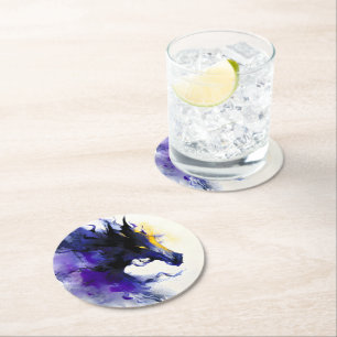 Abstract Watercolor Black Horse Portrait Round Paper Coaster