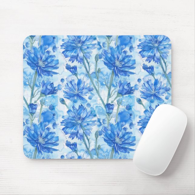 Abstract Watercolor Blue and White Flowers Mouse Mat (With Mouse)