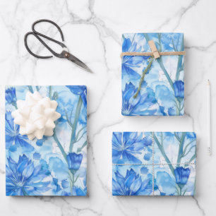 Abstract Watercolor Blue and White Flowers Wrapping Paper Sheet