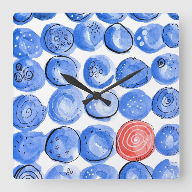 Abstract Watercolor Blue Dots Square Wall Clock (Front)