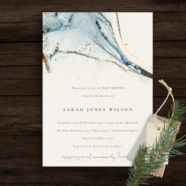 Abstract Watercolor Blue Gold Beachy Baby Shower Invitation (Creator Uploaded)