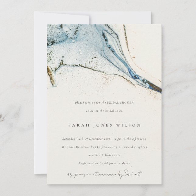 Abstract Watercolor Blue Gold Beachy Bridal Shower Invitation (Front)