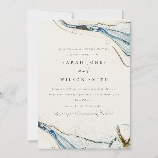 Abstract Watercolor Blue Gold Beachy Engagement Invitation (Front)