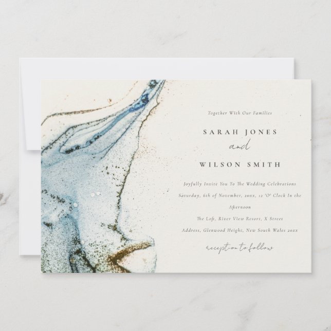 Abstract Watercolor Blue Gold Beachy Wedding Invitation (Front)