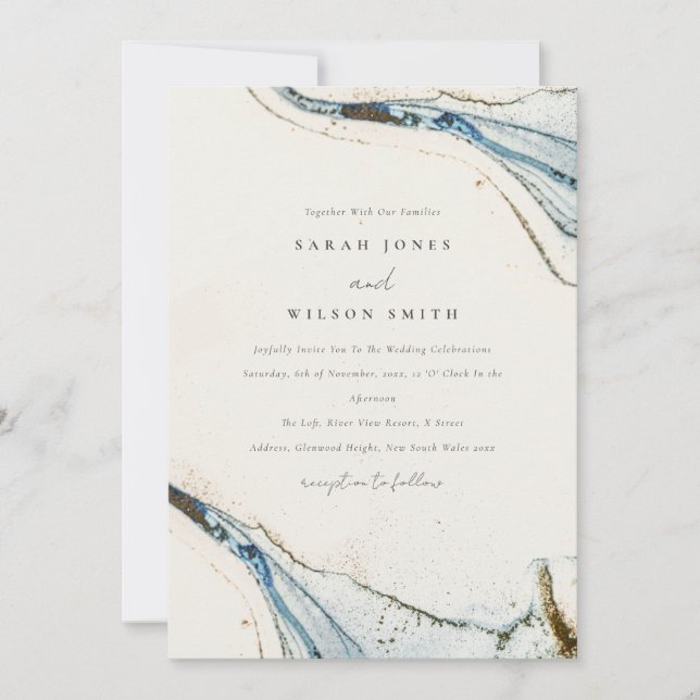 Abstract Watercolor Blue Gold Beachy Wedding Invitation (Front)