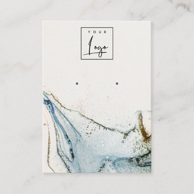 Abstract Watercolor Blue Gold Logo Earring Holder  Business Card (Front)