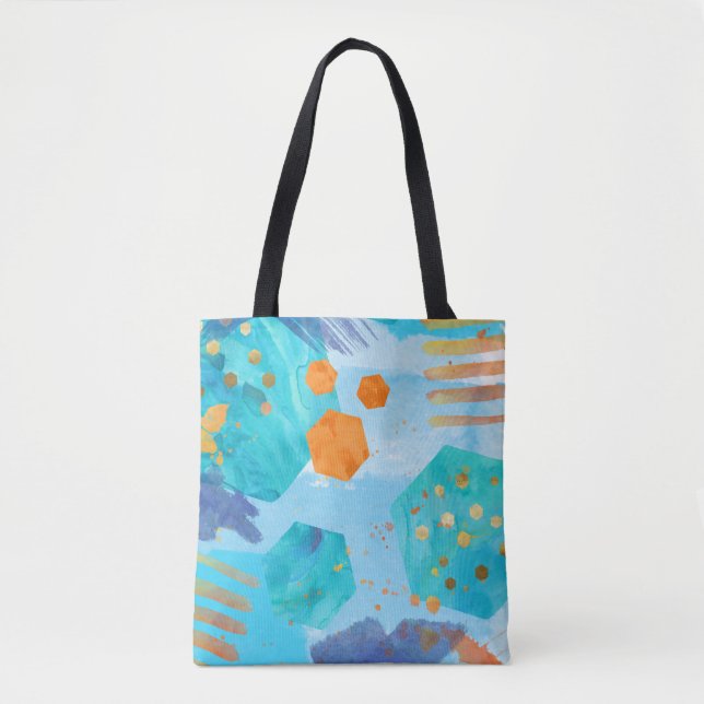 Abstract watercolor blue hexagon painted tote bag (Front)