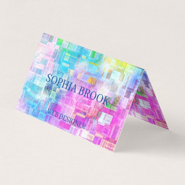 Abstract watercolor blue pink squares business card (Front)