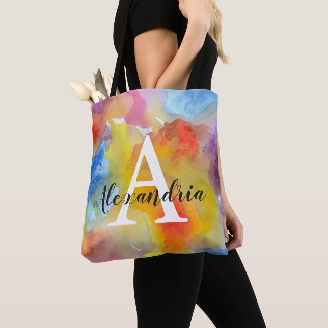 Abstract Watercolor Bright Vibrant Colours Monogra Tote Bag (Close Up)