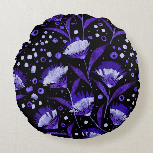 Abstract Watercolor Carnation Flowers Pattern Round Cushion (Front)