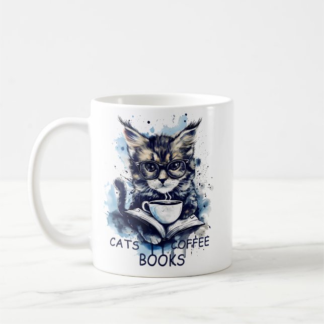 Abstract Watercolor Cats Coffee Books Mug (Left)