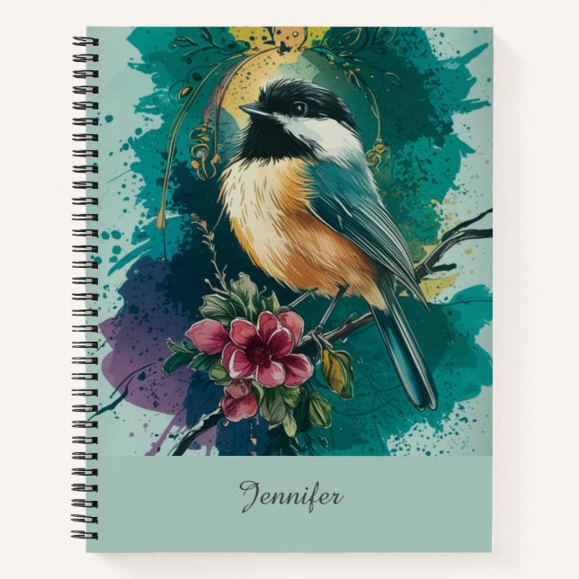 Abstract Watercolor Chickadee - Teal Notebook (Front)