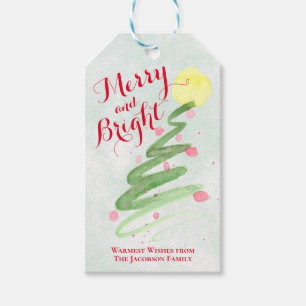Abstract Watercolor Christmas Tree Merry & Bright Gift Tags