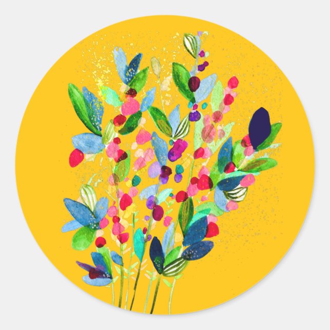 Abstract watercolor colourful floral classic round sticker (Front)
