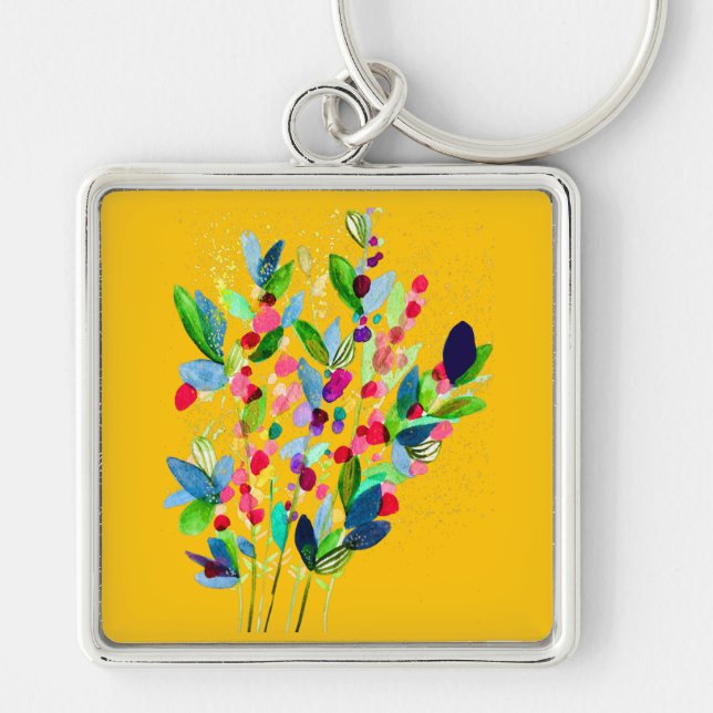 Abstract watercolor colourful floral key ring (Front)