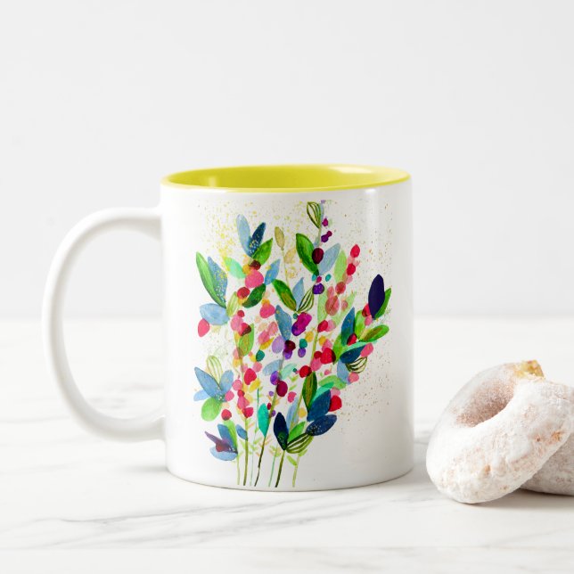 Abstract watercolor colourful floral Two-Tone coffee mug (With Donut)
