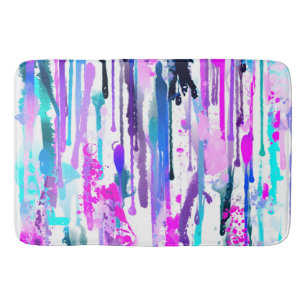 Abstract Watercolor Drips Blue Turquoise Pink Bath Mat