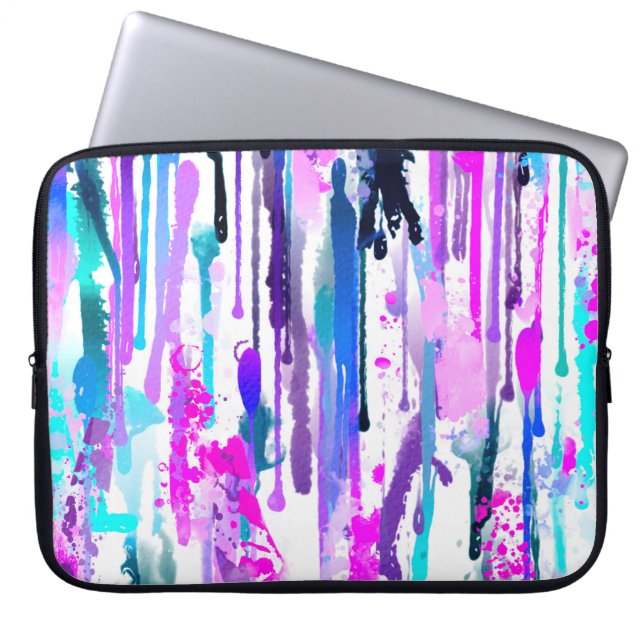 Abstract Watercolor Drips Blue Turquoise Pink Laptop Sleeve (Front)