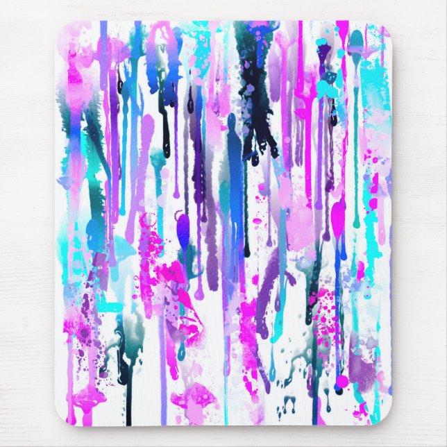 Abstract Watercolor Drips Blue Turquoise Pink Mouse Mat (Front)