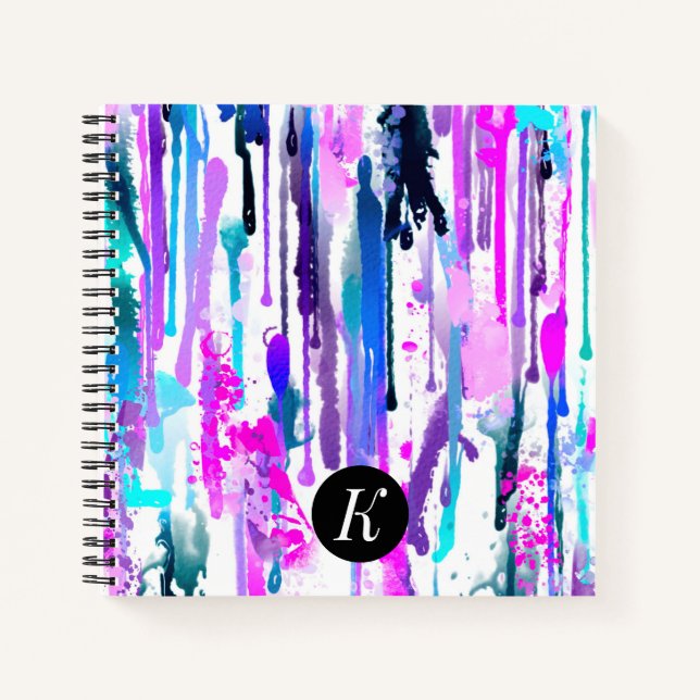 Abstract Watercolor Drips Blue Turquoise Pink Notebook (Front)
