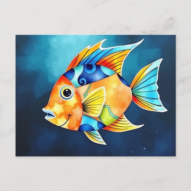 Abstract Watercolor Fish with Bold Geometric  Postcard (Front)