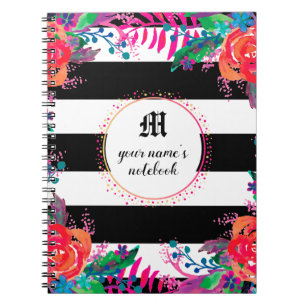 Abstract watercolor floral forest black striped notebook