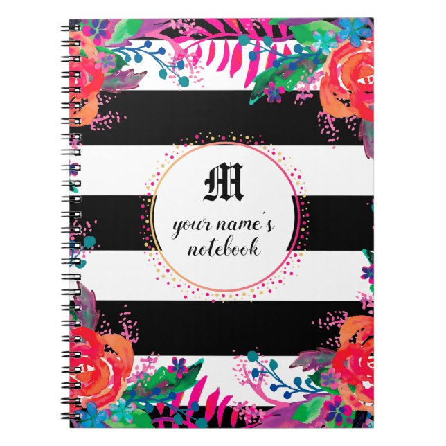 Abstract watercolor floral forest black striped notebook (Front)