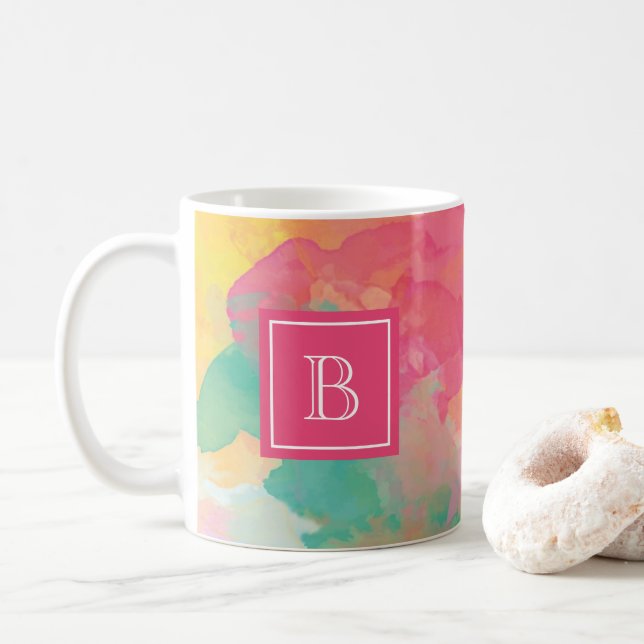 Abstract Watercolor Floral Monogram  Initial Pink Coffee Mug (With Donut)