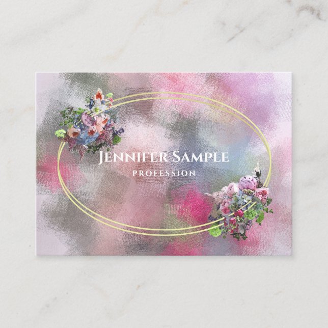 Abstract Watercolor Flowers Gold Frame Chic Modern Business Card (Front)