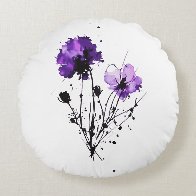  Abstract Watercolor Flowers Round Cushion (Front)