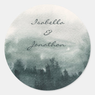 Abstract Watercolor Forest Landscape Wedding  Classic Round Sticker