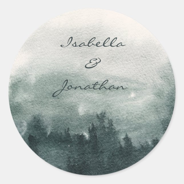 Abstract Watercolor Forest Landscape Wedding  Classic Round Sticker (Front)