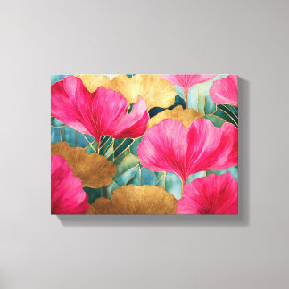 Abstract Watercolor Ginkgo leaves pink gold Canvas Print