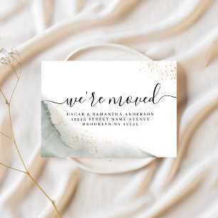 Abstract Watercolor Green Brush Strokes & Gold Announcement Postcard