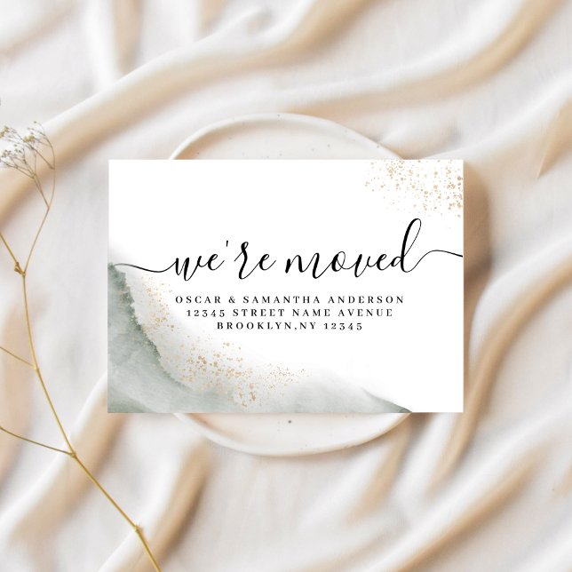 Abstract Watercolor Green Brush Strokes & Gold  Announcement Postcard (Creator Uploaded)