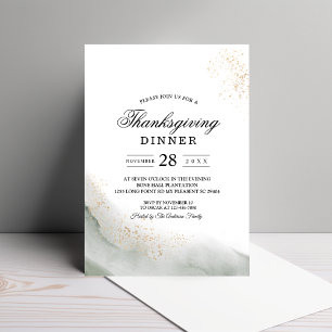 Abstract Watercolor Green Brush Strokes & Gold  Invitation