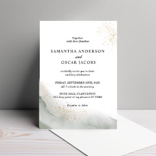 Abstract Watercolor Green Brush Strokes & Gold  Invitation