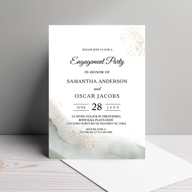 Abstract Watercolor Green Brush Strokes & Gold  Invitation (Creator Uploaded)