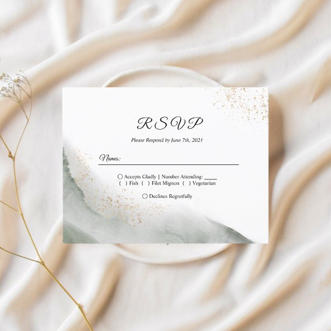 Abstract Watercolor Green Brush Strokes & Gold  Invitation Postcard (Creator Uploaded)