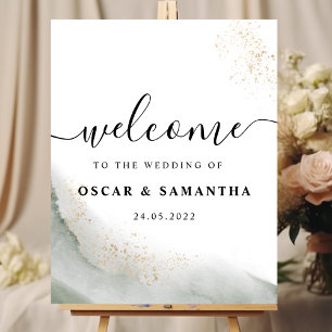 Abstract Watercolor Green Brush Strokes & Gold  Poster