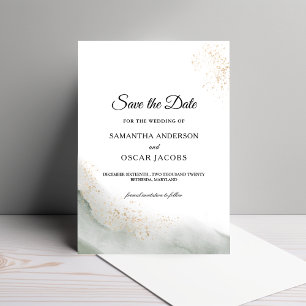 Abstract Watercolor Green Brush Strokes & Gold  Save The Date
