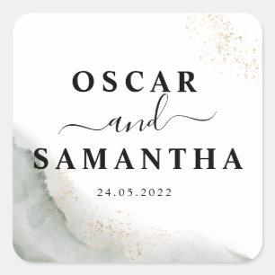 Abstract Watercolor Green Brush Strokes & Gold Square Sticker