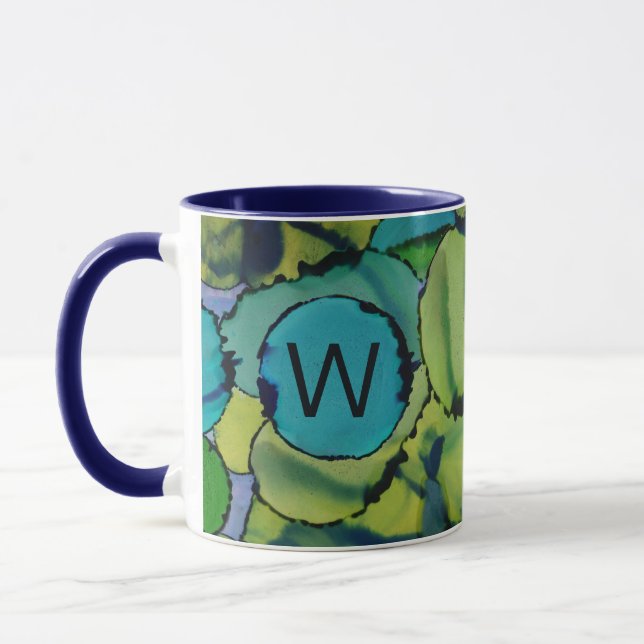 Abstract Watercolor Green Teal Blue Monogram Mug (Left)