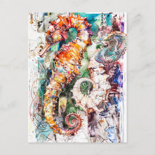 Abstract Watercolor Illustration of a Seahorse Postcard