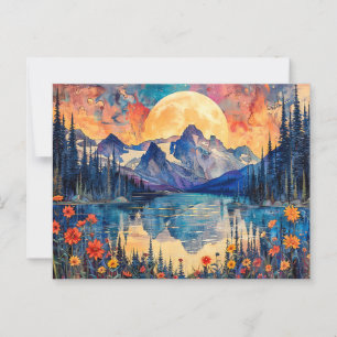 Abstract watercolor illustration of full moon over postcard
