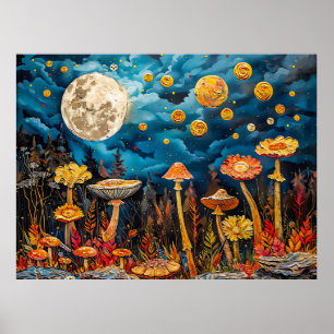 Abstract watercolor illustration of full moon over poster